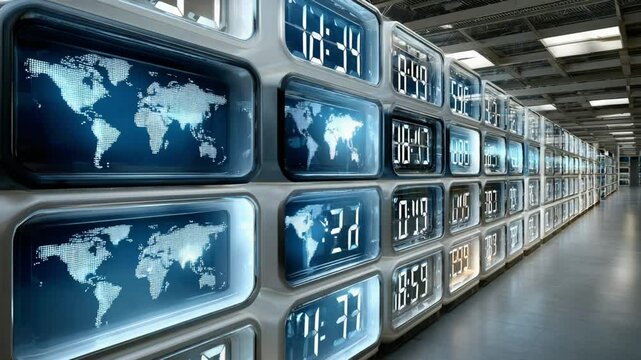 Global Time Display: A modern, futuristic array of digital time displays showcasing global time zones, offering a glimpse into the interconnected world of information and technology. - Powered by Adobe