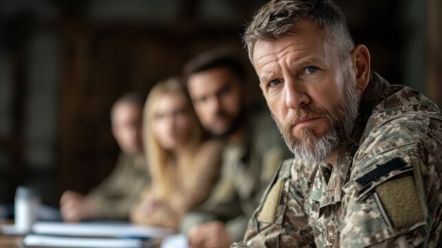 A serious-looking soldier participates in a meeting, highlighting his focus and determination. His comrades can be seen in the background, reflecting a military environment.