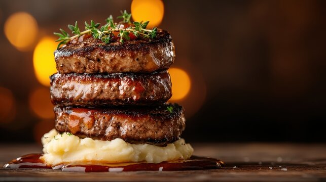 An enticing gourmet steak is elegantly plated atop creamy mashed potatoes, drizzled with sauce, embodying culinary excellence and indulgent dining experience for food lovers.