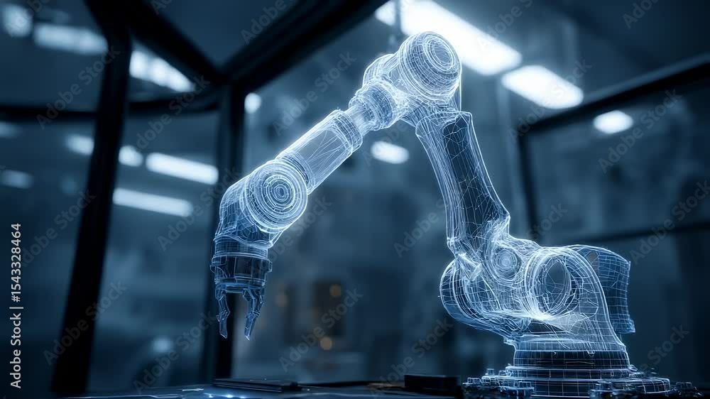 Poster holographic projection displaying a robotic arm executing a precise task in a cutting edge factory, 