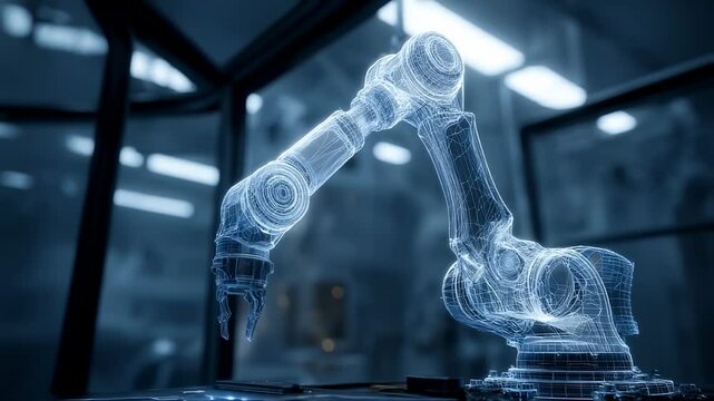 Holographic projection displaying a robotic arm executing a precise task in a cutting edge factory, highlighting the fusion of virtual design and automation in manufacturing