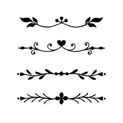 Text dividers with hearts doodle set. Wedding decorative elements. Divider ornament, borders, arrows. Hand drawn vector illustration isolated on white background
