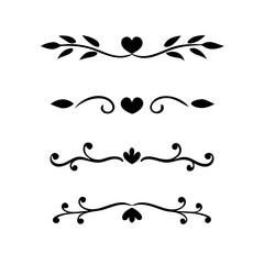 Text dividers with hearts doodle set. Wedding decorative elements. Divider ornament, borders, arrows. Hand drawn vector illustration isolated on white background
