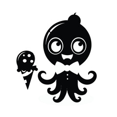 Adorable Black Silhouette Cartoon Octopus Character with Bow Tie and Ice Cream Cone, Cute and Playful Design