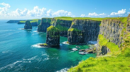 Dramatic coastal cliffs meet a turquoise sea under a bright sky