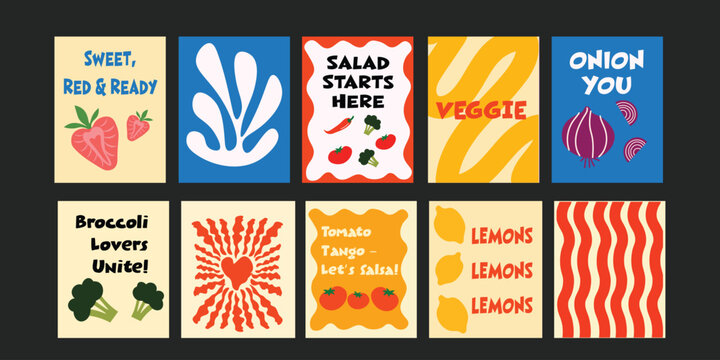 Vector banner set with modern hand-drawn food elements and catchy slogans like “Berry Sweet Days” and “Eat Your Trees.” Ideal for menu design, social media, or poster mockups.