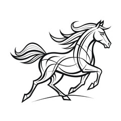 Minimalist Black and White Line Art Drawing of a Galloping Horse with Flowing Mane - Dynamic Equestrian Symbol