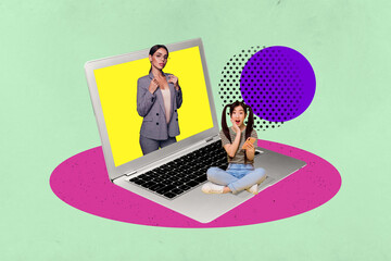 Creative full art collage of happy girl guy sit laptop bubble communication speech chat virtual...