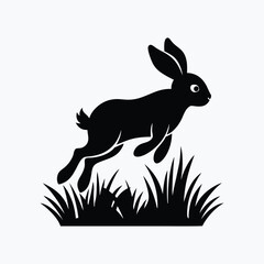Simple Black Silhouette of a Rabbit Mid-Leap Over Grass - Wildlife and Easter Symbol