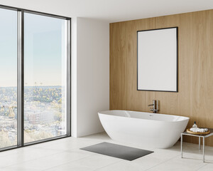 Bright Bathroom Interior with Black Frame Poster and Freestanding Tub by Large Window – Natural Light View