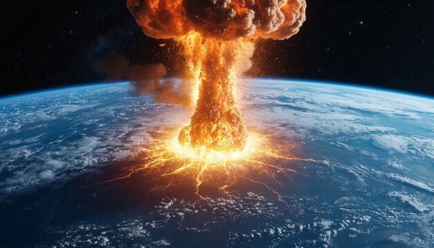 Nuclear explosion on earth view from space. Nuclear war.