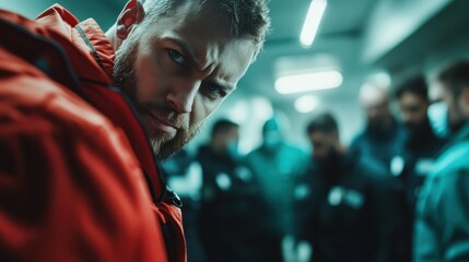 A striking portrait of a man in a red jacket captures determination and intensity, set against a blurred backdrop that enhances emotional expression and adds intrigue.