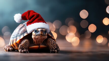 A charming turtle dons a festive Santa hat, bringing a playful twist to Christmas cheer amid beautiful bokeh lights that evoke warmth and holiday spirit.