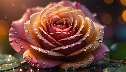 A beautiful pink rose with dew drops on its petals in a garden, a close-up of nature's bloom radiating love and beauty