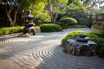 Fototapeta premium Peaceful zen garden with raked gravel
