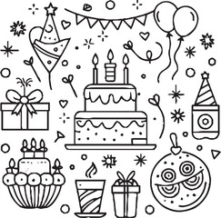 A festive line art illustration featuring birthday-themed icons such as a cake, balloons, gifts, party hats, champagne glasses, fireworks, and decorations, all arranged in a circular layout.