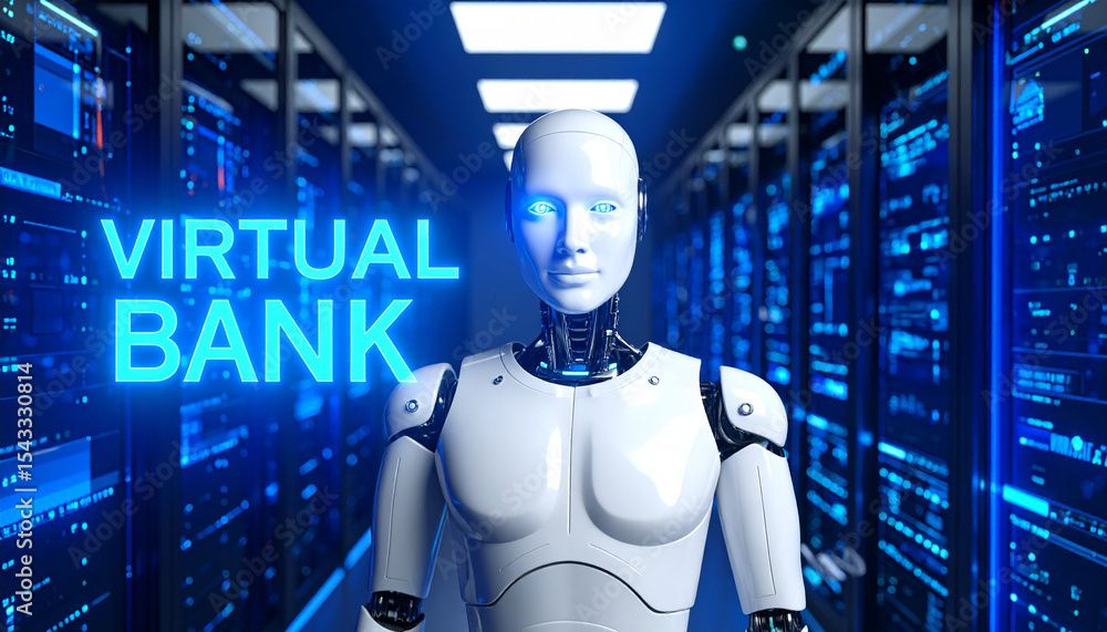 Poster virtual bank service with a robot standing in front of the server room