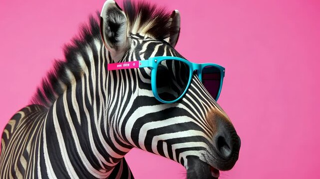 Funny zebra wearing bright sunglasses against vivid pink background.