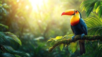 Vibrant toucan perched on mossy branch in sun-drenched rainforest