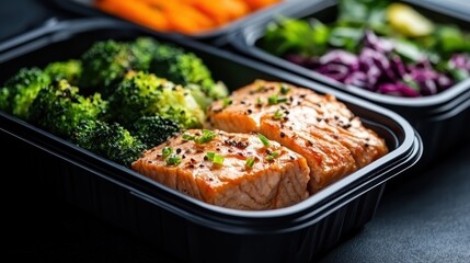 A delicious healthy meal prep featuring grilled salmon with steamed broccoli and fresh salad greens, promoting nutrition, wellness, and a balanced lifestyle.