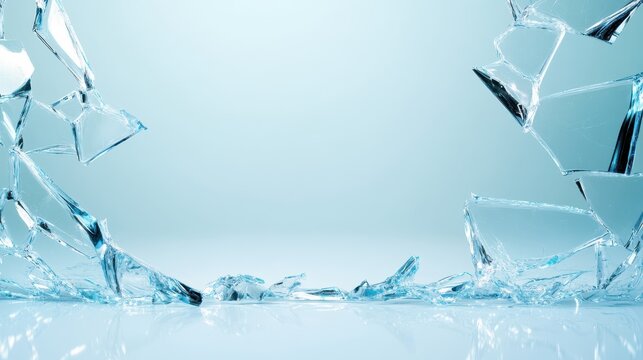 An artistic representation of shattered glass scattered on a surface, with soft blue tones, creating a striking visual that evokes feelings of fragility and destruction.
