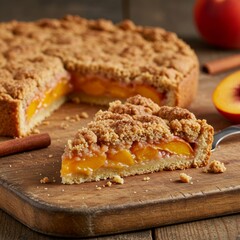 Golden Peach Crumble Pie on Rustic Wooden Board