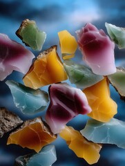 Colorful polished sea glass pieces on a reflective surface, macro shot, vibrant hues, textured edges, natural beach stones, artistic composition
