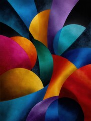 Abstract colorful overlapping circles and arcs in vibrant shades on dark background, modern geometric design