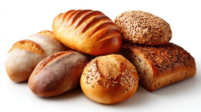 Variety of freshly baked artisan bread loaves arranged on white background showing crust textures and grains perfect for bakery menus, food packaging and culinary visuals
