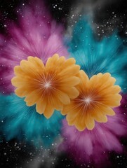 Abstract flowers with colorful powder explosion in a cosmic background for creative design