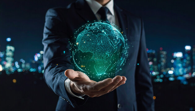 A businessman in a suit holding a glowing digital globe representing global business and technology