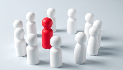 A red figurine stands out in a circle of white figurines, symbolizing uniqueness and leadership