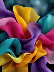 Abstract colorful soft fabric or paper art with flowing curves in vibrant shades of yellow, purple, pink, and blue