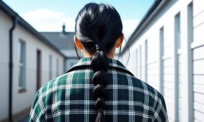 Fototapeta premium Woman with braided hair walking between buildings in urban setting
