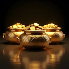 Golden Treasure Pots Overflowing with Shiny Coins on Dark Reflective Background.
