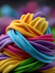 Close-up of colorful rubber bands intertwined in a vibrant, textured ball with a blurred multicolored background