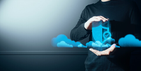 hand of businessman interactive touching a holographic of transaction financial network data...