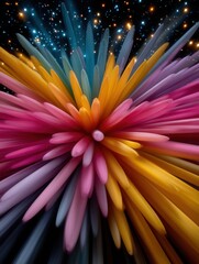 Abstract colorful fireworks with star-like sparkles and vibrant streaks in dark night sky