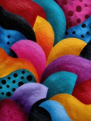 Close-up of colorful abstract fabric with vibrant multicolored shapes and black dotted patterns