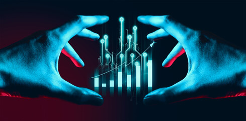 hand of businessman interactive touching a holographic of transaction financial network data...