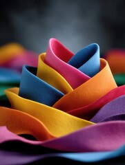 Close-up of colorful fabric or felt sheets layered and folded in vibrant rainbow pattern, textured surface, dark background