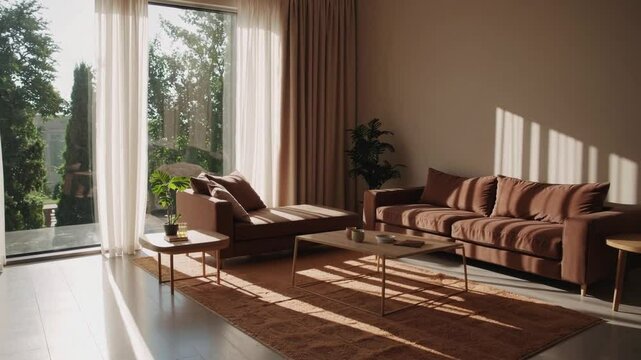 Cozy sunlit living room featuring brown sofa, chaise lounge, coffee table, indoor plant, sunlight streaming through large window