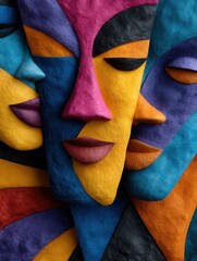 Abstract Multicolored Paper Faces Art Illustration with Bright Colors and Unique Expressions