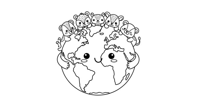 Earth day coloring page with cute animals hugging globe for kids printable activity sheet on transparent background