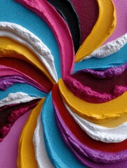 Close-up of colorful buttercream frosting swirls in a spiral pattern, textured and vibrant