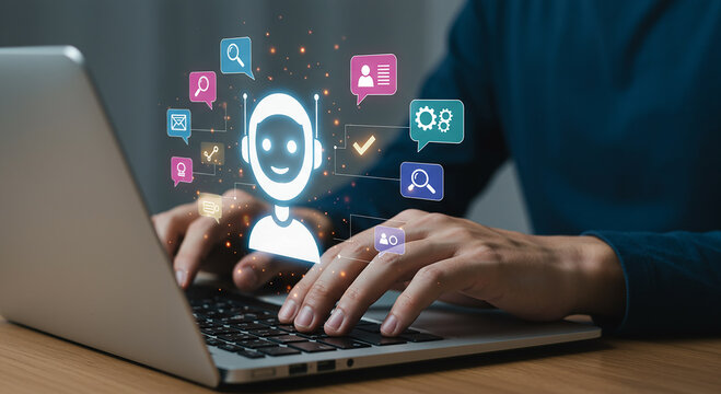 Person using laptop with ai chatbot interface