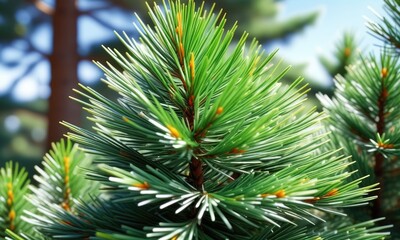 Obraz premium Vibrant pine tree needles with a sunny backdrop in a serene forest