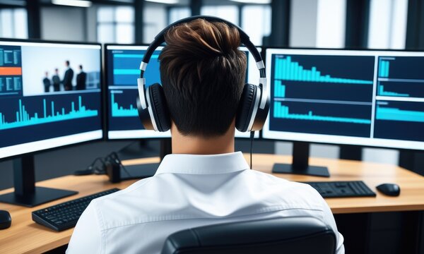 Analyst monitoring financial data with headphones in modern office environment
