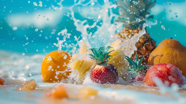 An exciting splash of fresh fruits like strawberries, pineapples, and oranges creating a dynamic scene in water, representing fun, freshness, and vitality of healthy living.