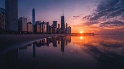 Naklejka premium Chicago skyline at sunrise, reflected in calm water. Sunrise over city buildings, mirroring in tranquil lake. Soft colors of dawn, hazy sky
